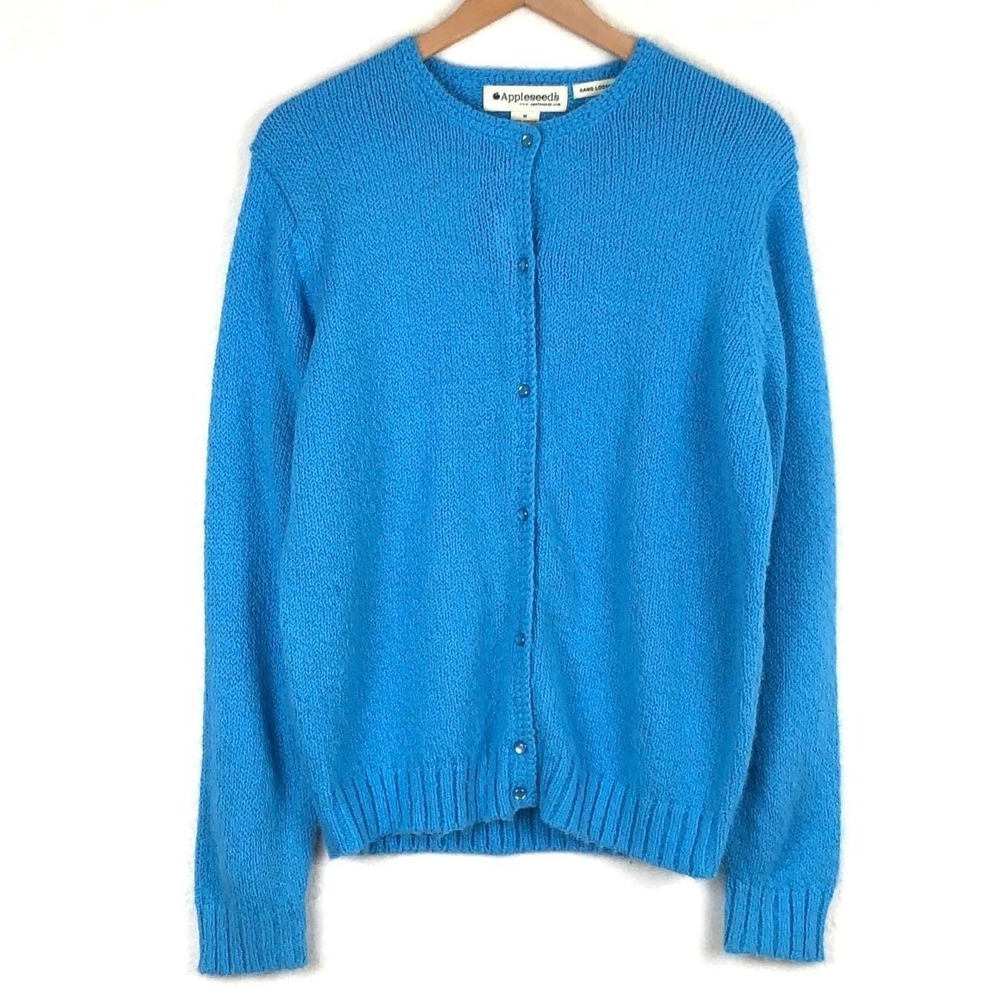 VTG APPLESEEDS Hand Loomed Cardigan Sweater Women's Sz M Blue L/S Button Front